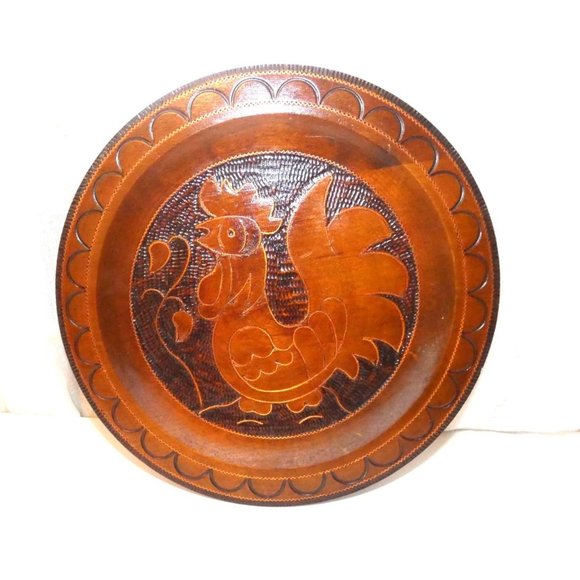 unknown Other - Wooden Rooster Wall Plate inlaid Brass Carved Wall Art Kitchen Decor Farm House